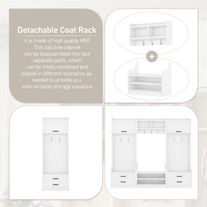 English Elm 4-in-1 Hall Tree with Bench, 7 Hooks, 2 Cabinets & 4 Drawers for Entryway Storage and Seating White W1580S00090