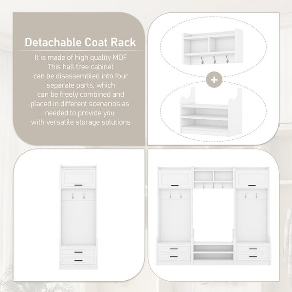 English Elm 4-in-1 Hall Tree with Bench, 7 Hooks, 2 Cabinets & 4 Drawers for Entryway Storage and Seating White W1580S00090