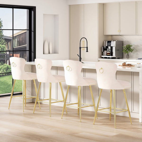 English Elm Bar Stools Set Of 2 In Beige Velvet With Gold Metal Legs, Wing-Back Design For Kitchen & Dining T3623P363044