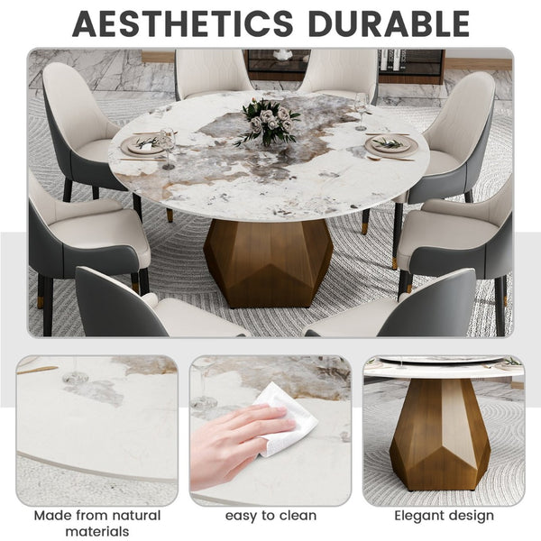 English Elm 59.05" Round Sintered Stone Dining Table with Lazy Susan Iron Base Seats 8 W1535S00630