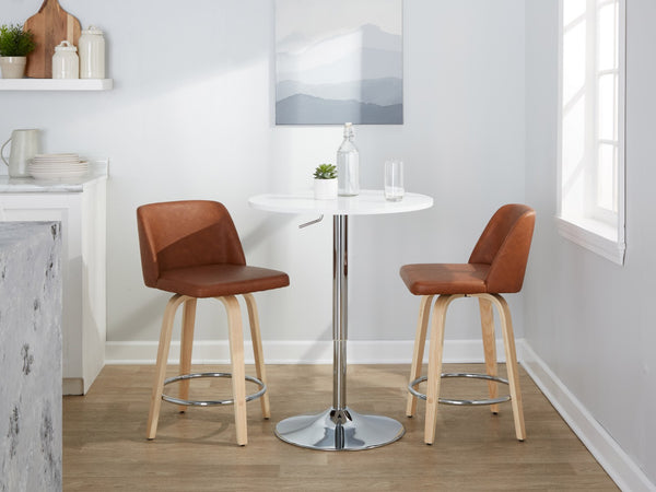 English Elm Fixed-height Swivel Counterstools Natural Wood Bentwood Legs Camel Faux Leather Set 2 B202S01767