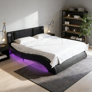 English Elm Faux Leather Queen Platform Bed Curved Headboard Rgb Lighting Bluetooth Massage W2297S00028