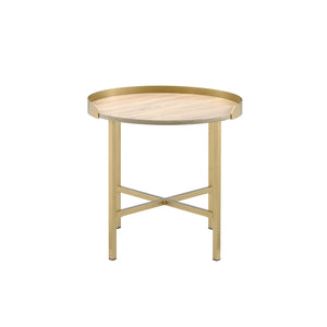English Elm Oak Round Tray Top End Table With Gold Base – Modern Elegance For Living Room & Bedroom Décor B062P181360