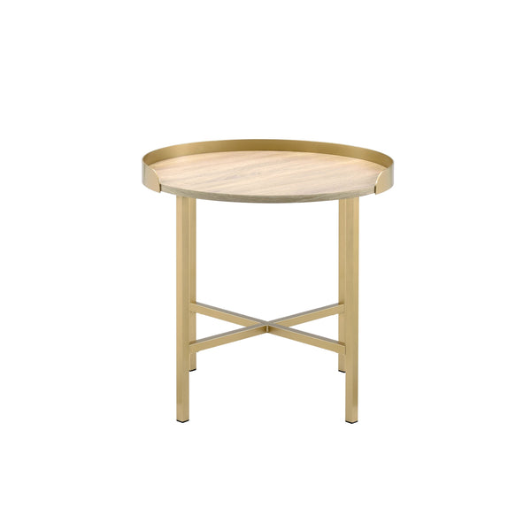 English Elm Oak Round Tray Top End Table With Gold Base – Modern Elegance For Living Room & Bedroom Décor B062P181360