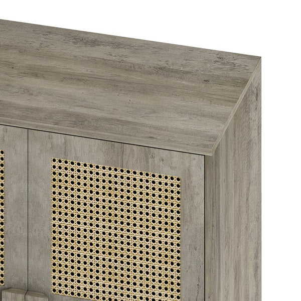 English Elm 4-Doors Rattan Mesh Storage Cabinet with Solid Wood Legs and Adjustable Shelves for Stylish Organization Grey W757P198557