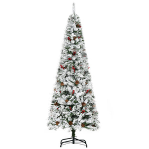 English Elm Homcom 6' Slim Snow Flocked Christmas Tree With 600 Realistic Pine Branches, Pine Cones & Berries W2225P229522