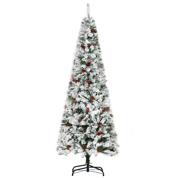 English Elm Homcom 6' Slim Snow Flocked Christmas Tree With 600 Realistic Pine Branches, Pine Cones & Berries W2225P229522
