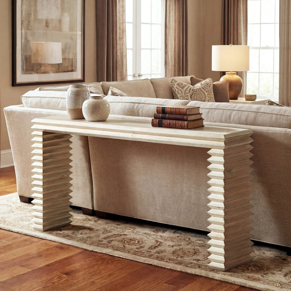 English Elm Veda Reclaimed Pine Whitewashed Geometric Console Table Sculptural Entryway Accent B2719P485495