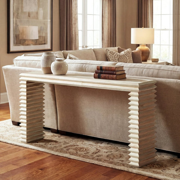 English Elm Veda Reclaimed Pine Whitewashed Geometric Console Table Sculptural Entryway Accent B2719P485495