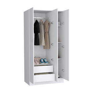 English Elm Ohio Armoire Wardrobe with 3 Doors, 2 Drawers & 4-Tier Shelves — Spacious Storage, Sturdy Handles, Organized Style White 74 L x 23 W x 2 H B070S00206
