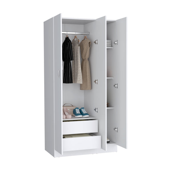 English Elm Ohio Armoire Wardrobe with 3 Doors, 2 Drawers & 4-Tier Shelves — Spacious Storage, Sturdy Handles, Organized Style White 74 L x 23 W x 2 H B070S00206