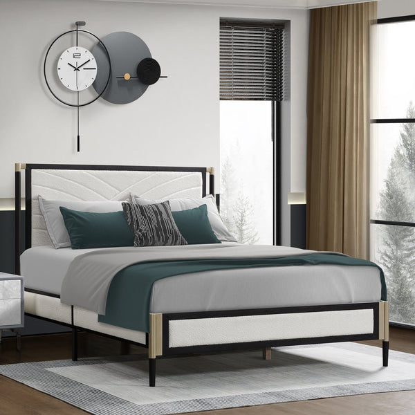 English Elm Christopher Knight Home® - Full size Platform Bed with White Bouclé Headboard, Champagne Silver & Black Frame, Sturdy Slats Support N758D802021B