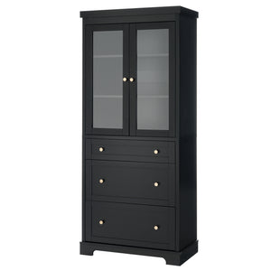 English Elm 70.1" Modern Tall Storage Cabinet with 3 Drawers, 2 Adjustable Shelves, Soft-Close Glass Doors, Gold Handles Black N729P271979B