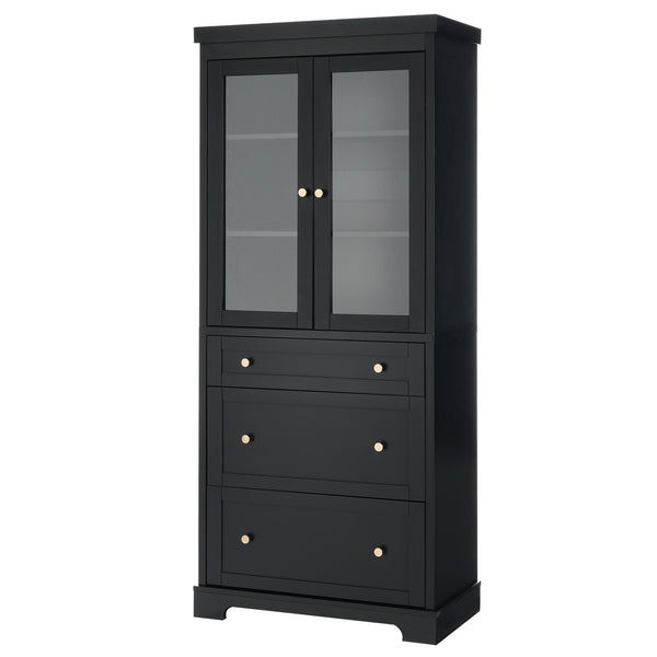 English Elm 70.1" Modern Tall Storage Cabinet with 3 Drawers, 2 Adjustable Shelves, Soft-Close Glass Doors, Gold Handles Black N729P271979B