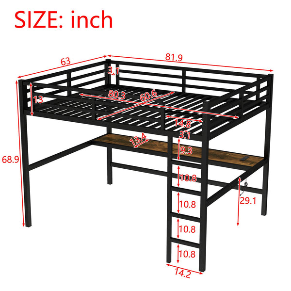English Elm Metal Queen Loft Bed With Integrated Desk, Power Outlet & Led Lights - Space-Saving Black Design W1580S00107