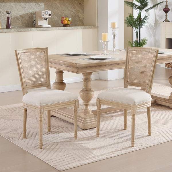 English Elm French Country Dining Chairs Set Of 2 - Upholstered Natural Rattan Back, Vintage Charm For Any Space W3426P324546