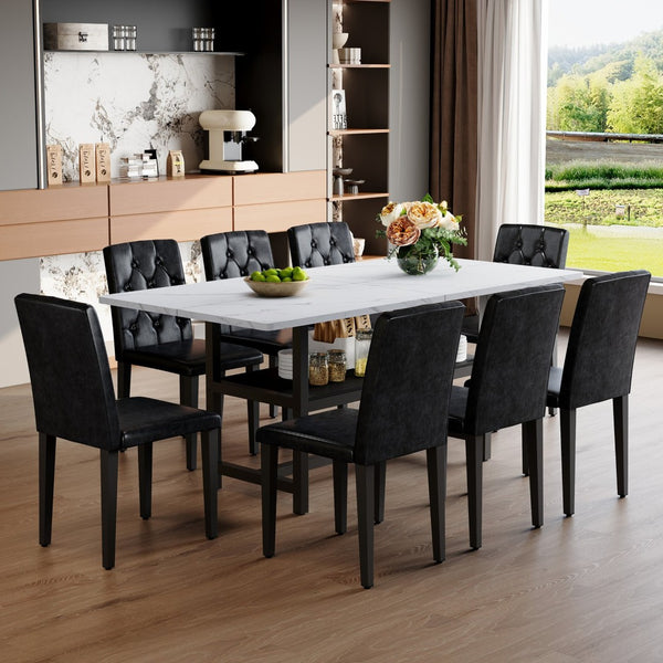 English Elm Table With Integrated Storage And 8 Ergonomic Black Pu Chairs For Modern Dining And Entertaining W1151S04270-GIGA