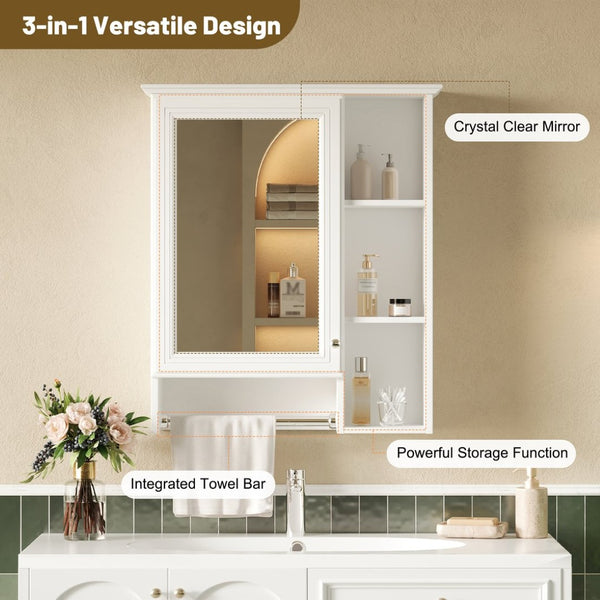 English Elm 3-in-1 Matte Medicine Cabinet Wall Mounted Mirror with Towel Bar and Storage Shelf White N710P401340K