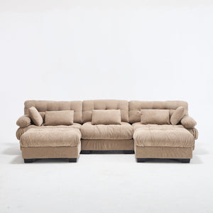 English Elm U Shaped Modular Cloud Sectional Deep Seat Flannelette Sofa with Rounded Bolster Armrests Light Brown W2120S00038
