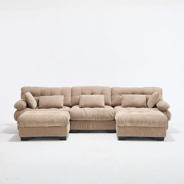 English Elm U Shaped Modular Cloud Sectional Deep Seat Flannelette Sofa with Rounded Bolster Armrests Light Brown W2120S00038