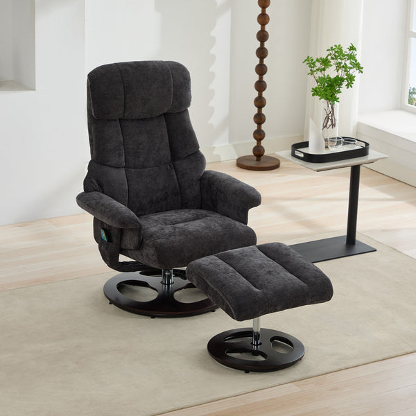 English Elm 010-Recliner Modern Dark Grey Chenille Swivel Lounge with Ottoman, Heated Seat, 5-Point Vibe Massage, 140° Recline, 250lb Capacity W2636P358627