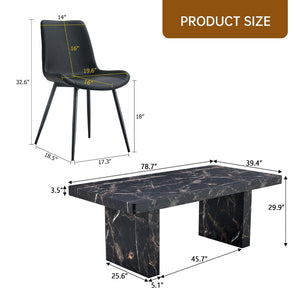 English Elm Table and Chair Set 7 Piece Black Marble Mdf Dining with Pu Leather Seating W1151S04135