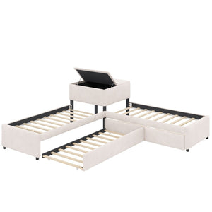English Elm L-shaped Twin Platform Bed Set with Trundle Drawers and Center Table in Beige Linen GX000531AAA