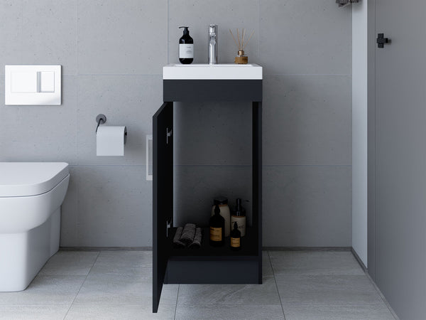 English Elm Bathroom Jozz Vanity Sink Cabinet Black – Compact Particle Board, Metal Handle, Single Door, Shelf, Durable Design B092S00065