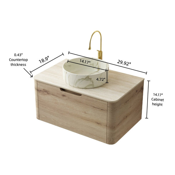 English Elm Xai 30" Floating Bathroom Vanity With Stone Sink, Soft-Close Drawer, Sleek White Oak Finish, Pre-Assembled W2615S00273-GIGA
