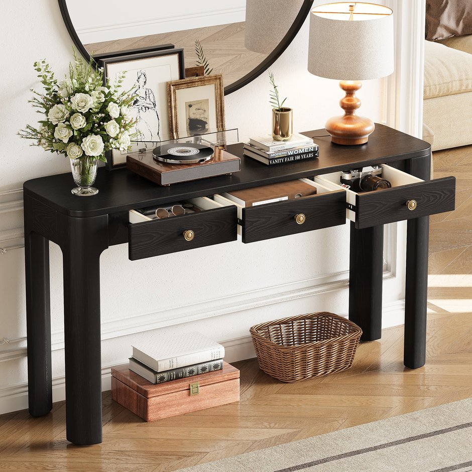 Trexm Rustic Console Table With Rounded Corners, 3 Concealed Drawers,