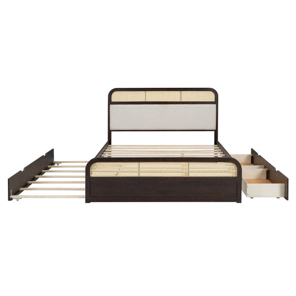 English Elm Queen Wooden Platform Bed With Trundle, 2 Storage Drawers & Padded Headboard In Espresso Finish N820S00010P-GIGA
