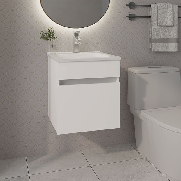 English Elm FM Wall-Mounted Belle Bathroom Vanity with Built-In Sink, Floating Design, Soft-Close Door, Sleek Storage Solution White 23 L x 23 W x 12 H B128P335847