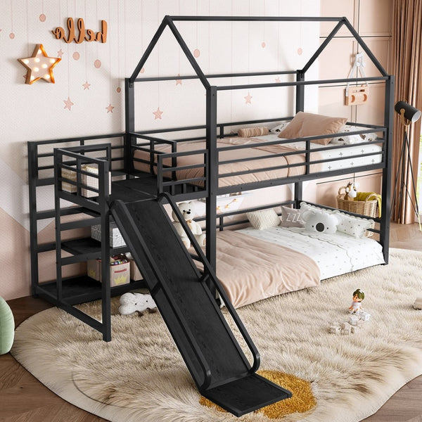 English Elm Twin House Bunk Bed with Slide Storage Stairs and Safety Rails for Kids Rooms W1580S00648