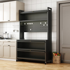 English Elm metal Bakers Rack Countertop Organizer Cabinet with Lockable Doors, 250kg Capacity, Smooth 360° Wheels W509P164652