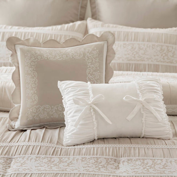English Elm 7-piece King Jacquard Comforter Set Lace Detail Chambray Cottage Bedroom Ensemble Neutral B035P482889