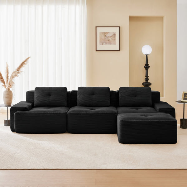English Elm 117" L-Shaped Modular Sectional Sofa In Black - Soft Corduroy, Deep Seats, Movable Ottoman, No Assembly! W714S01477