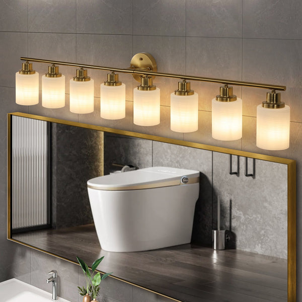 English Elm 52" Modern 8-Light Vanity Wall Sconce - Elegant Golden Finish & Frosted Glass Shades For Stylish Lighting W2312P374816
