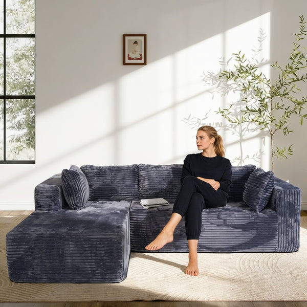 English Elm 100" Corduroy L-shaped Sectional with Deep Foam Seats Modular Living Room Couch T5880S00006