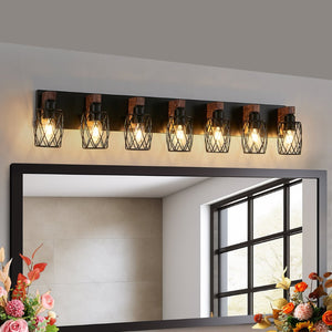 English Elm Industrial Seven Light Black Iron Cage Sconce with Walnut Wood Backplate for Bath W1340P276817
