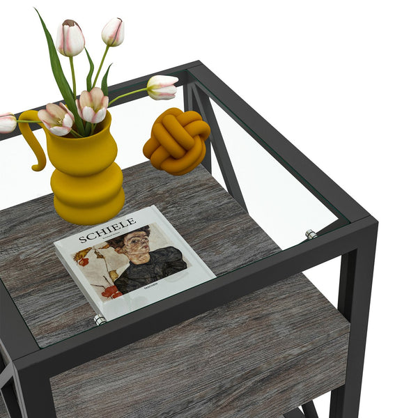 English Elm 1 Modern End Table With Drawer - Industrial Rustic Wood & Glass Nightstand, Compact Storage Solution W241P246916