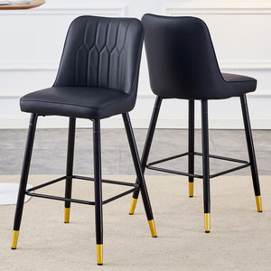 English Elm Modern Black Pu Bar Stool - Gold Decorated Legs With Comfortable Resting Beam.Set Of 2 Chairs.Black,Black Metal Legs,,Bar Stool.