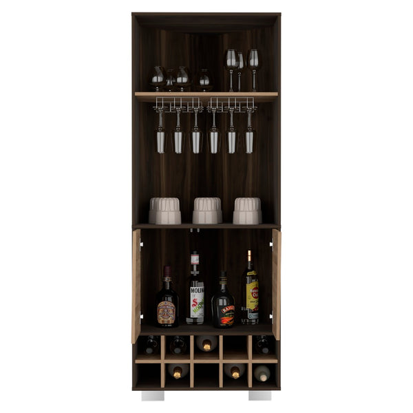 English Elm Fraktal Corner Bar Cabinet with Wine Rack Open Shelves Dark Oak Pine Wood B200S00407