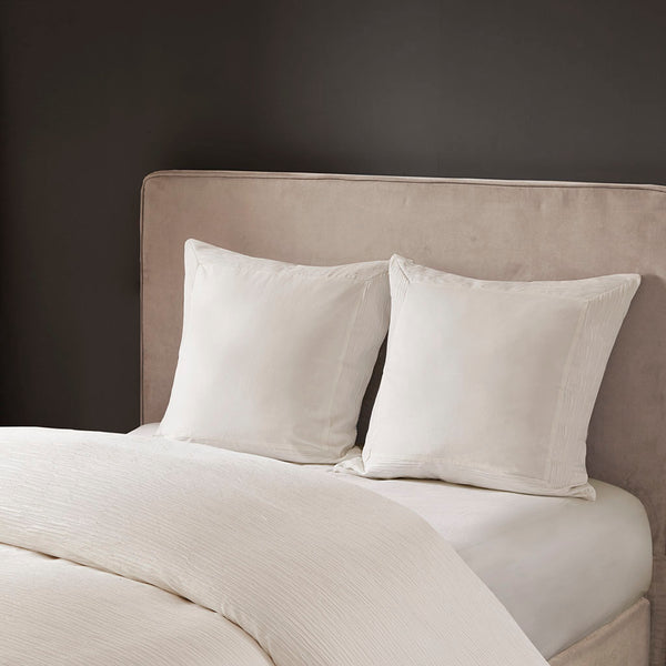 JLA Home N Natori - Cotton Yarn-Dyed Euro Sham Cover 26x26 in Eggshell White with Decorative Flange & Hidden Zipper Closure NS11-3247