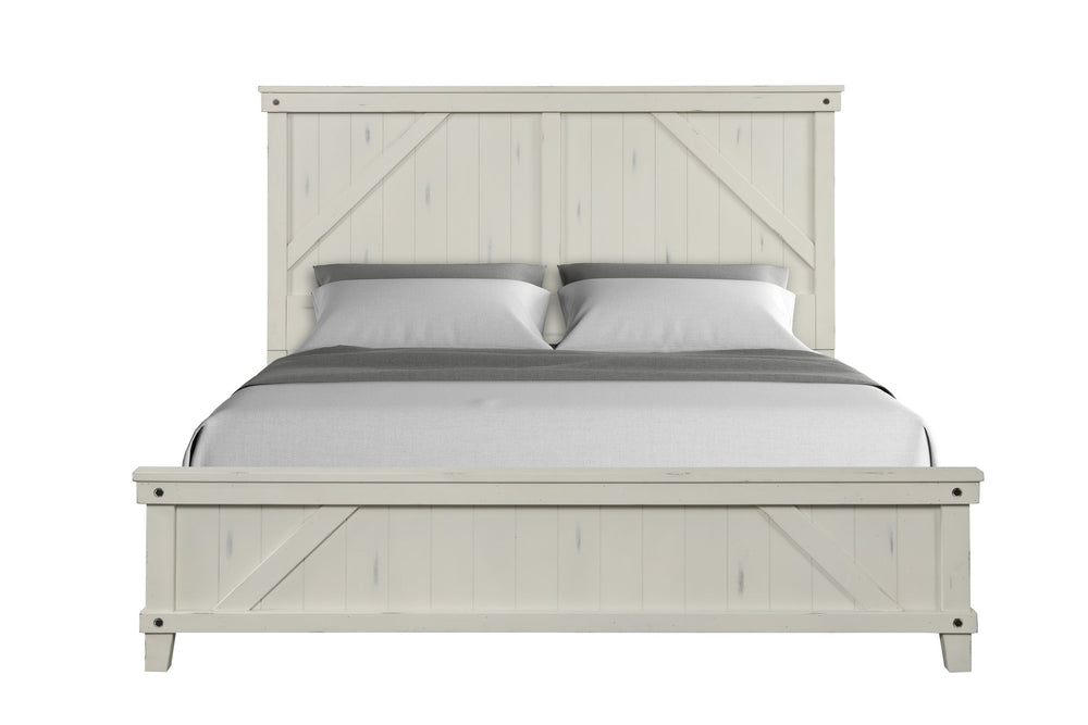 English Elm Queen Industrial Farmhouse Panel Bed with Built-In Bluetooth Speakers, USB Ports & LED Reading Lights White 86 L x 11.25 W x 5 H B2699S00054