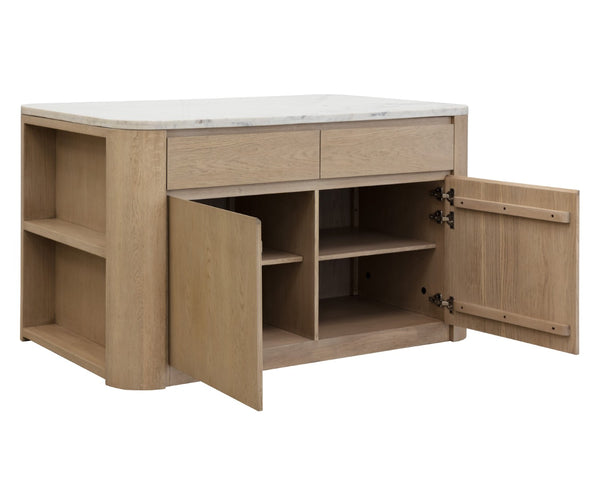 Sunpan ROMILLY Kitchen Island with White Marble Top - Elegant 62" Oak Base & Smart Storage Solution 112362