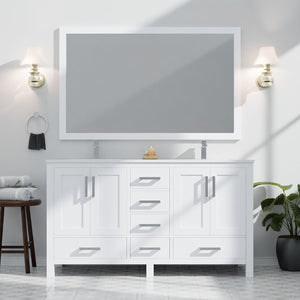English Elm White Double Bath Vanity 60 in with Cultured Marble Top, Chrome Faucet, 58 in Mirror, Scratch-Resistant Finish B2731S01018