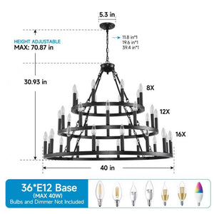 English Elm 39.37 Inch Three Tier Wagon Wheel Chandelier 36 Light Black Metal for High Ceilings W5008P392646