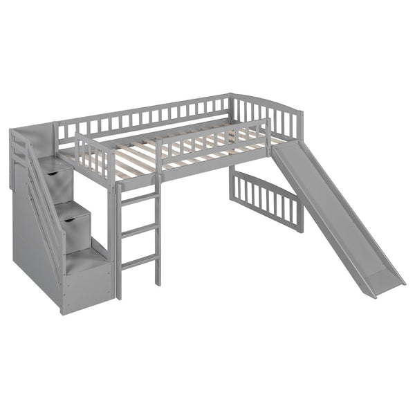 English Elm Stairway Twin Loft Bed with Storage Staircase Slide and Guardrails for Kids Gray LT000515AAE-2