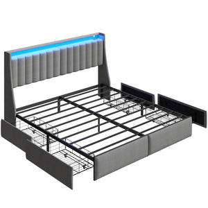 English Elm Full Size Linen Tufted Storage Bed with Rgb Lighting and Built in Charging Ports T3963P483807