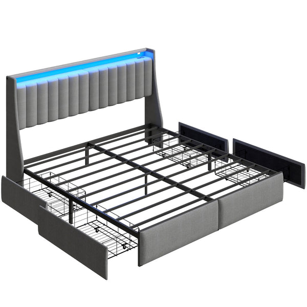 English Elm Full Size Linen Tufted Storage Bed with Rgb Lighting and Built in Charging Ports T3963P483807